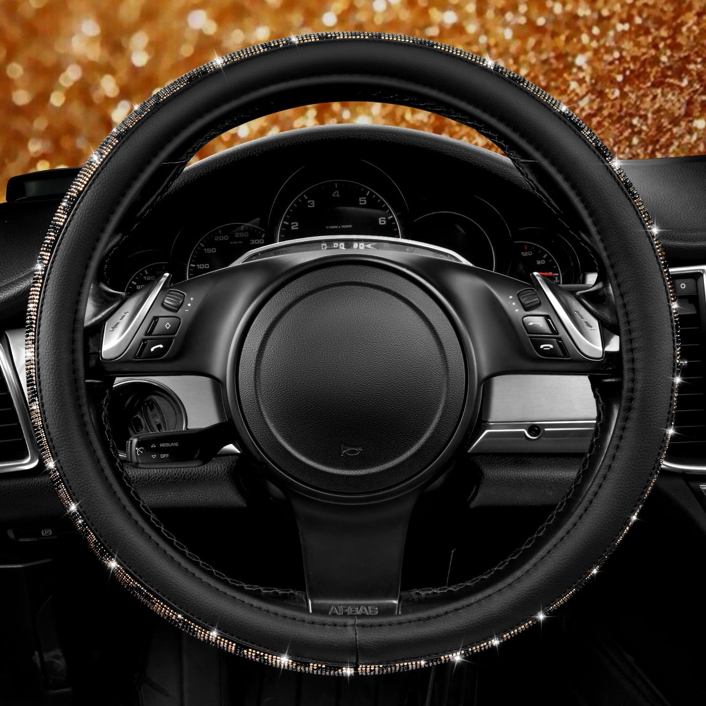 CAR PASS Bling Diamond Leather Steering Wheel Cover, With Sparkly Crystal Glitter Rhinestones Universal Fit 14"1/2-15" Car Wheel Protector for Women Girl Fit Suvs,Vans,Sedans,Car,Trucks, Black Diamond