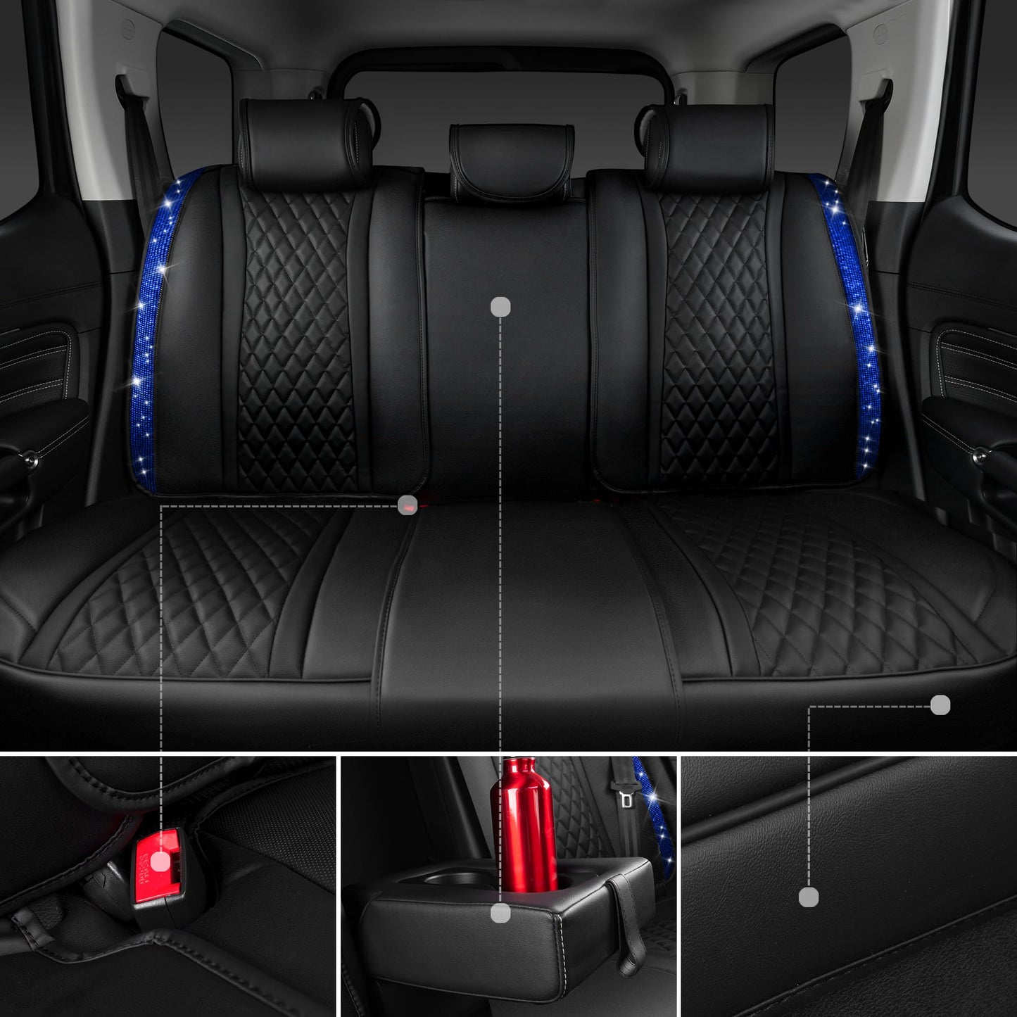 CAR Pass Bling Car Seat Covers, Microfiber Nappa Leather Luxury Cushioned, Waterproof Heavy-Duty Anti-Slip Universal Fit for Auto SUV Sedan,Sparkly Glitter Shining Rhinestone Full Set, Black Diamond
