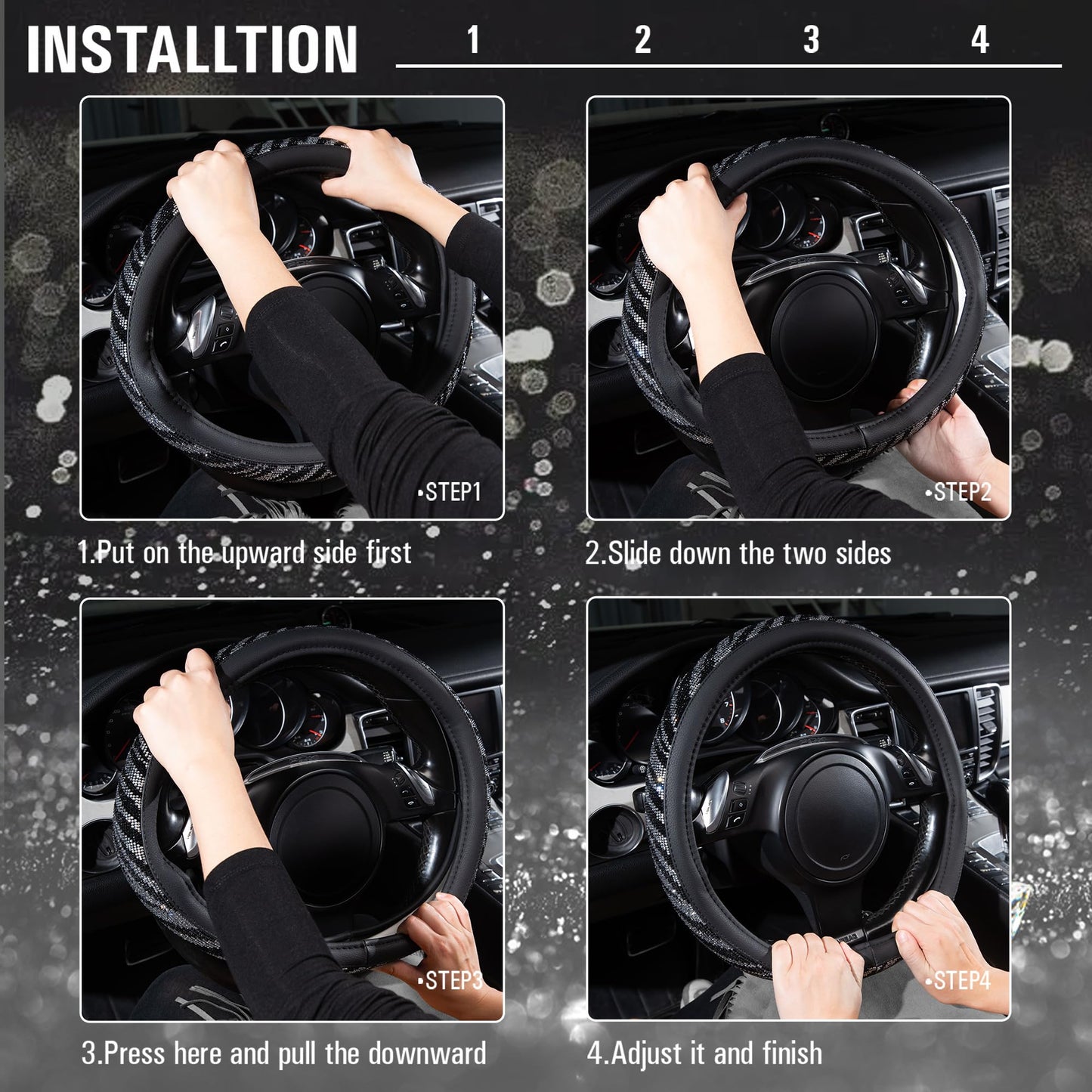 CAR PASS Bling Diamond Leather Steering Wheel Cover, With Sparkly Crystal Glitter Rhinestones Universal Fit 14"1/2-15" Car Wheel Protector for Women Girl Fit Suvs,Vans,Sedans,Car,Trucks, Black Diamond