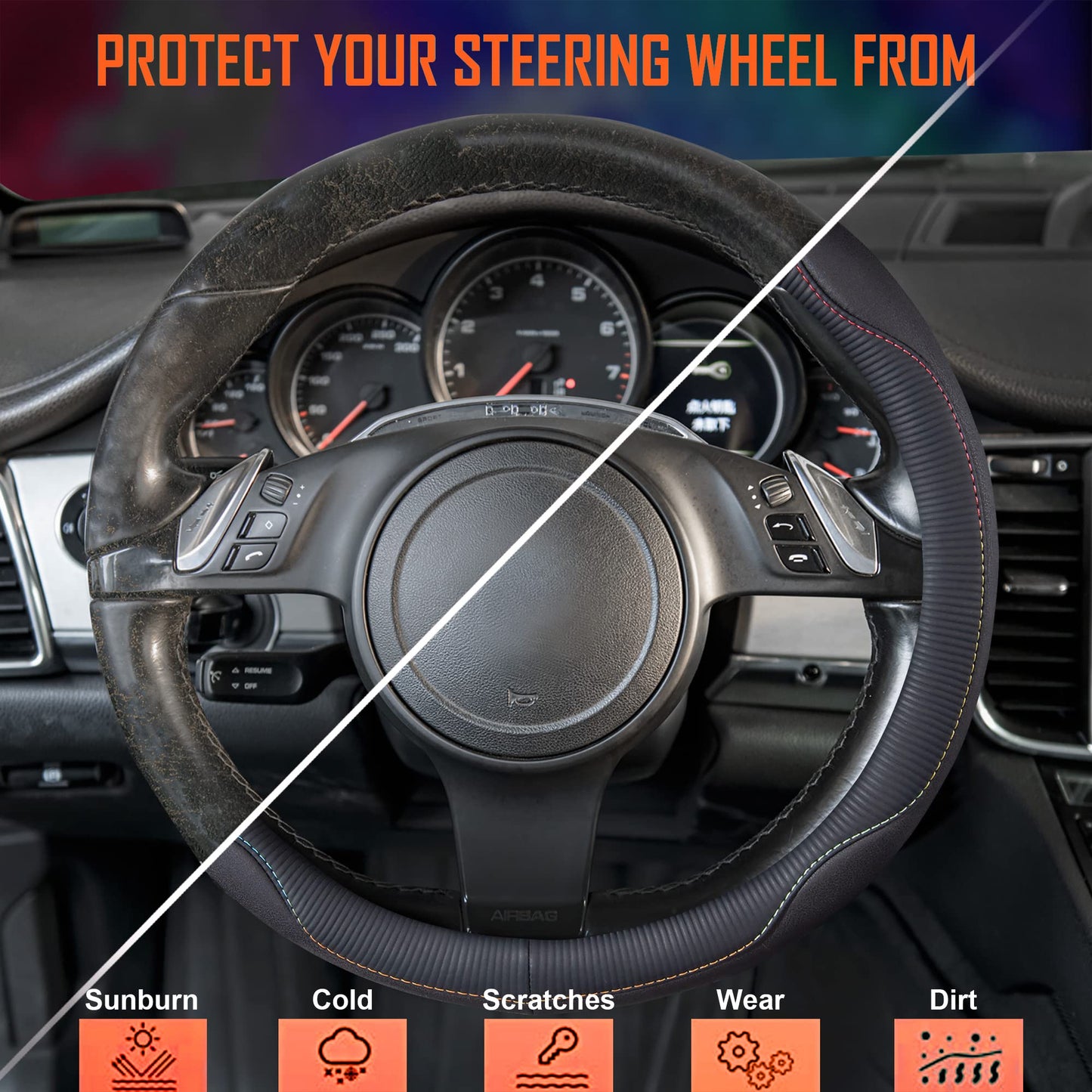 Car Pass Colour Piping Leather Universal Fit Steering Wheel Cover,Perfectly fit for 14.5-15 inches for Various Vehicles SUVs,Vans,Sedans,Cars (Black & Mint)