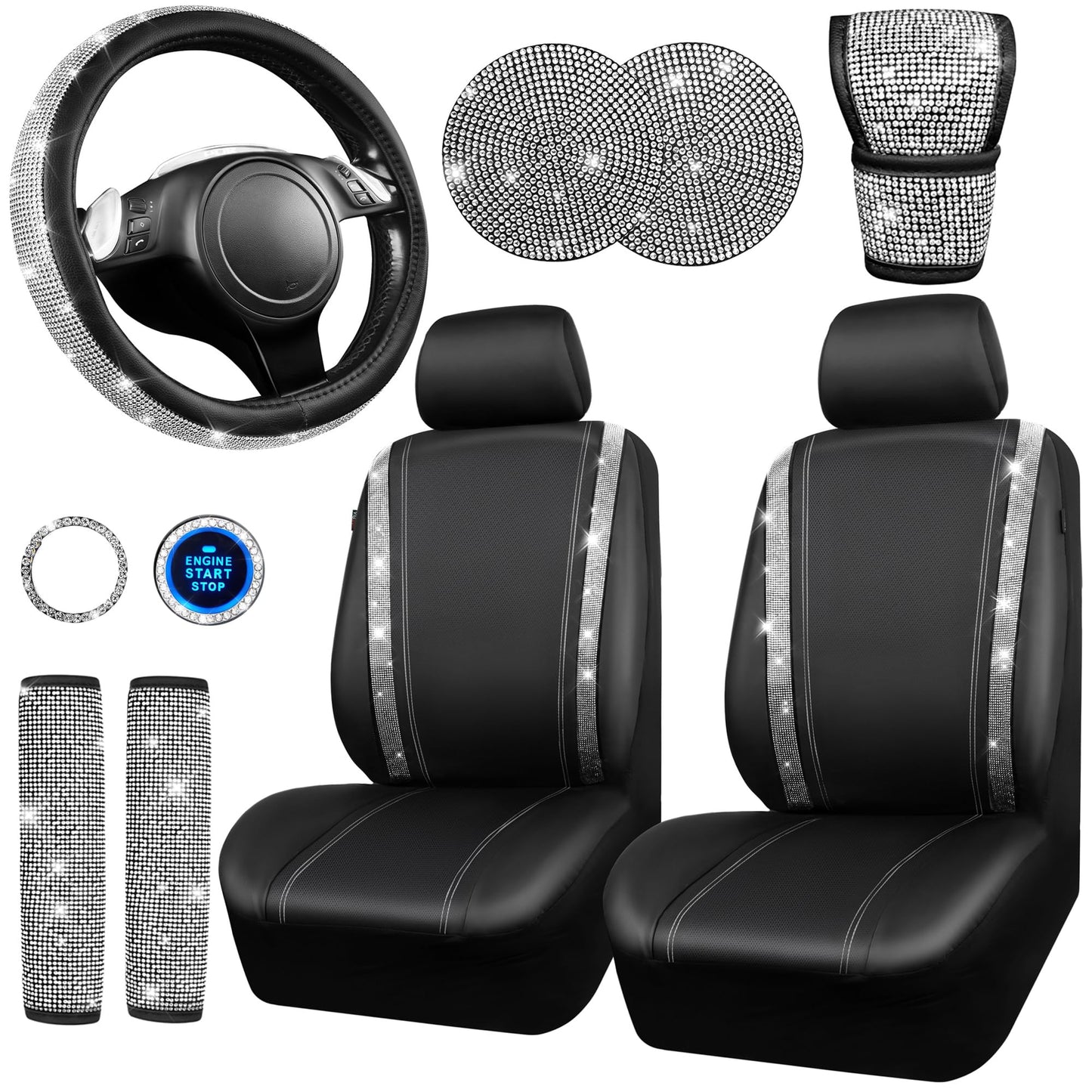 CAR PASS 7 PCS Bling Car Accessories for Women, Sparkly Rhinestone Diamond Steering Wheel Cover, Bling Seat Belt Cushion, Glitter Shift Knob Cover, Car Cup Holder Coaster, Cute Interior Sets Silver