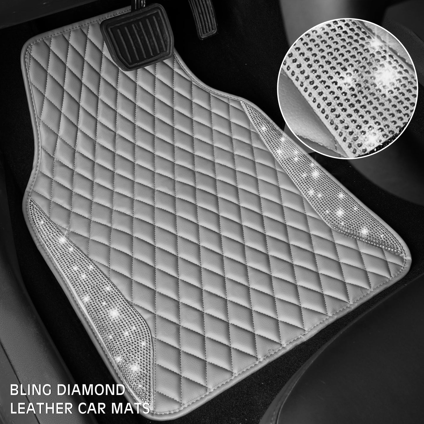 CAR PASS Bling Leather Car Mats Shining Diamond Floor Mats Sparkly Glitter Crystal Rhinestones Carpet Anti-Slip Waterproof Pad Universal Fit for Automotive SUV, Sedan, Van, 5pcs for Girl Women Black