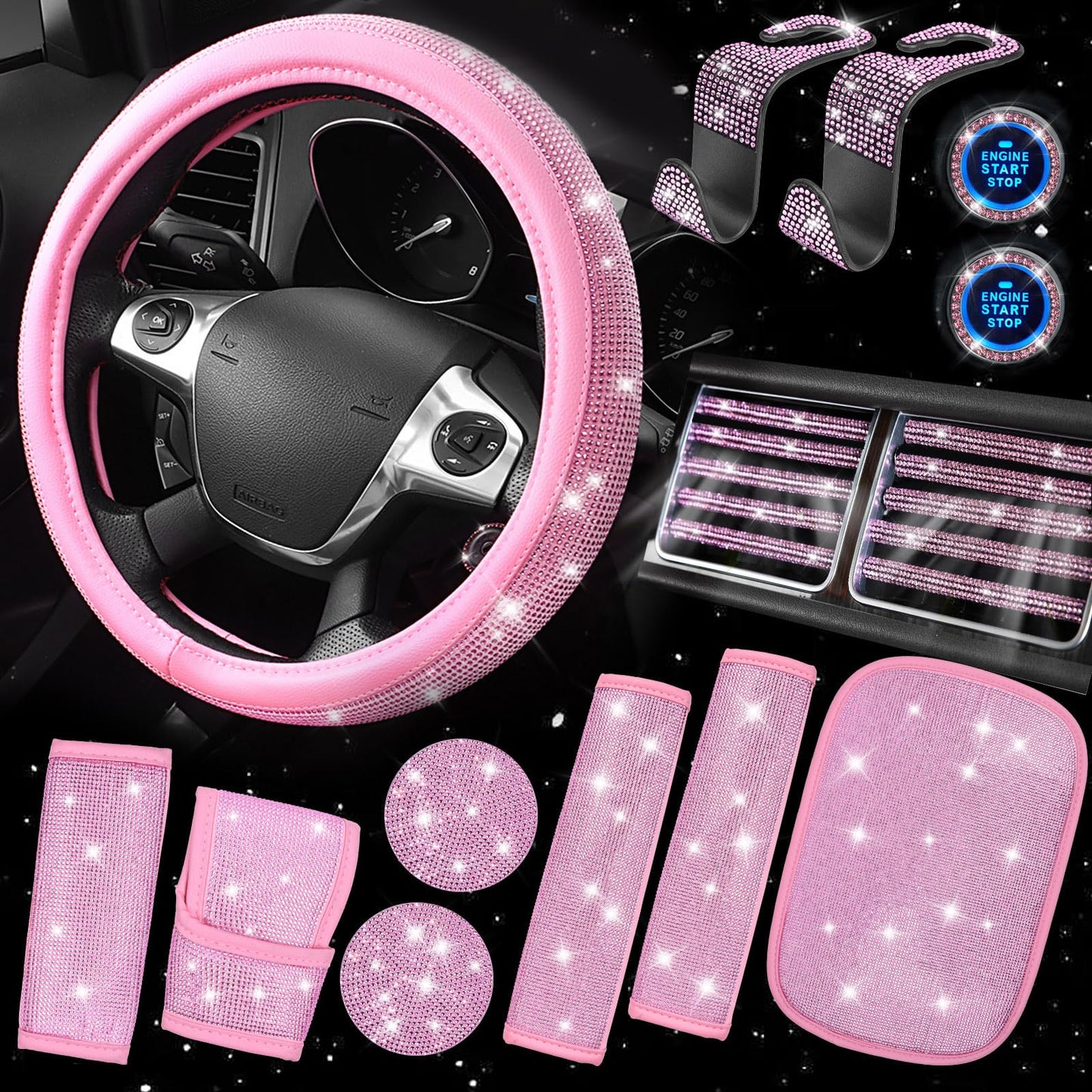 CAR PASS 7 PCS Bling Car Accessories for Women, Sparkly Rhinestone Diamond Steering Wheel Cover, Bling Seat Belt Cushion, Glitter Shift Knob Cover, Car Cup Holder Coaster, Cute Interior Sets Silver