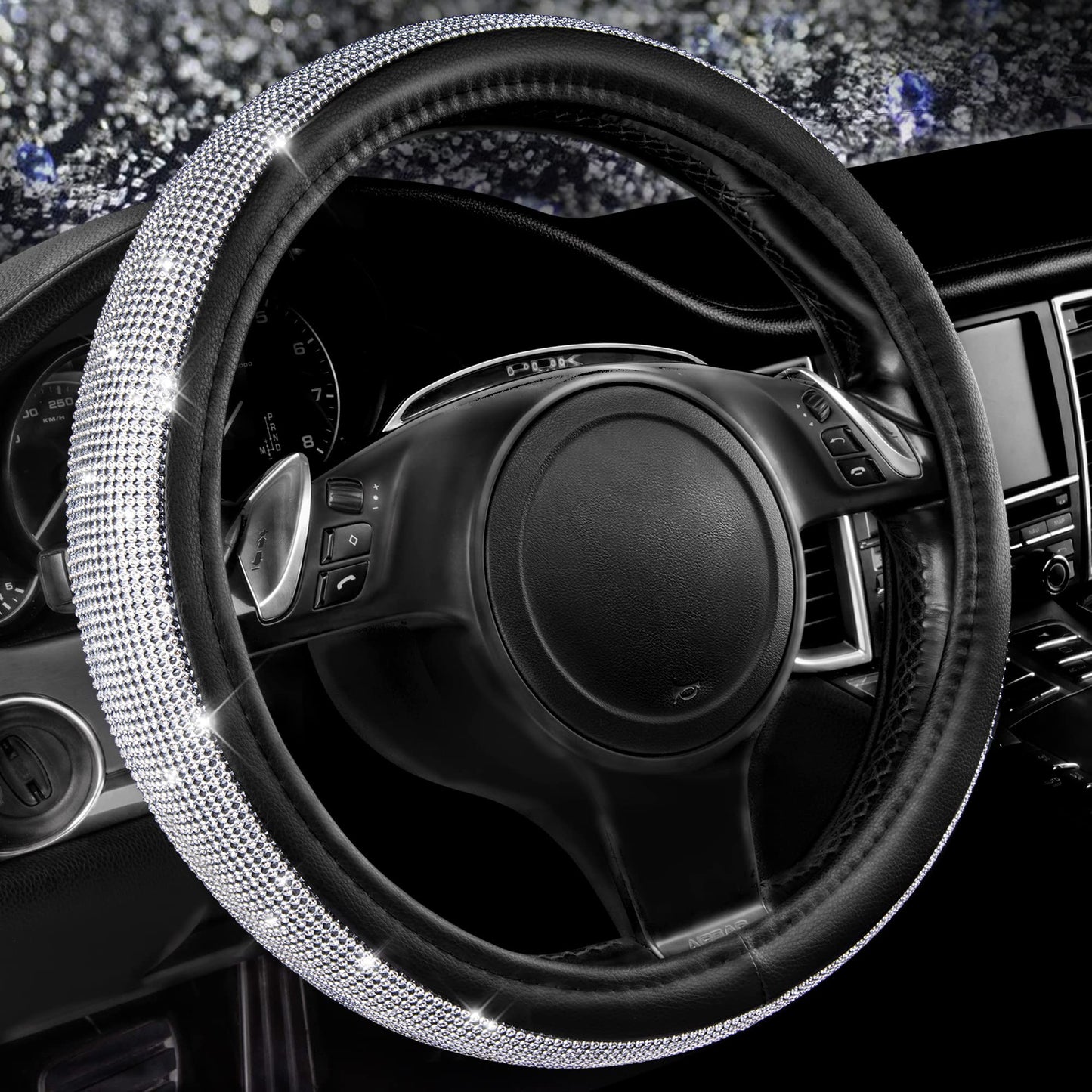 CAR PASS Bling Diamond Leather Steering Wheel Cover, With Sparkly Crystal Glitter Rhinestones Universal Fit 14"1/2-15" Car Wheel Protector for Women Girl Fit Suvs,Vans,Sedans,Car,Trucks, Black Diamond