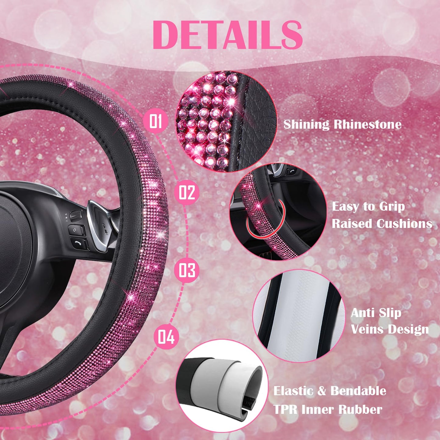 CAR PASS 7 PCS Bling Car Accessories for Women, Sparkly Rhinestone Diamond Steering Wheel Cover, Bling Seat Belt Cushion, Glitter Shift Knob Cover, Car Cup Holder Coaster, Cute Interior Sets Silver