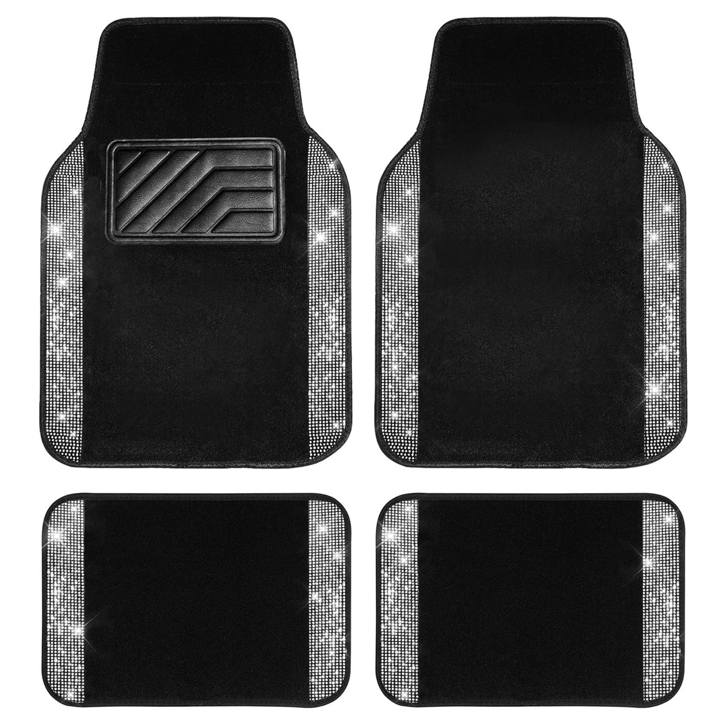 CAR PASS Bling Diamond Car Floor Mats, Shining Rhinestone Carpet Sparkly Glitter Crystal with Anti-Slip PVC Heel Pad Waterproof Universal Fit Automotive SUV,Sedan,Van,Cute Girl Women,4pcs Black Sliver