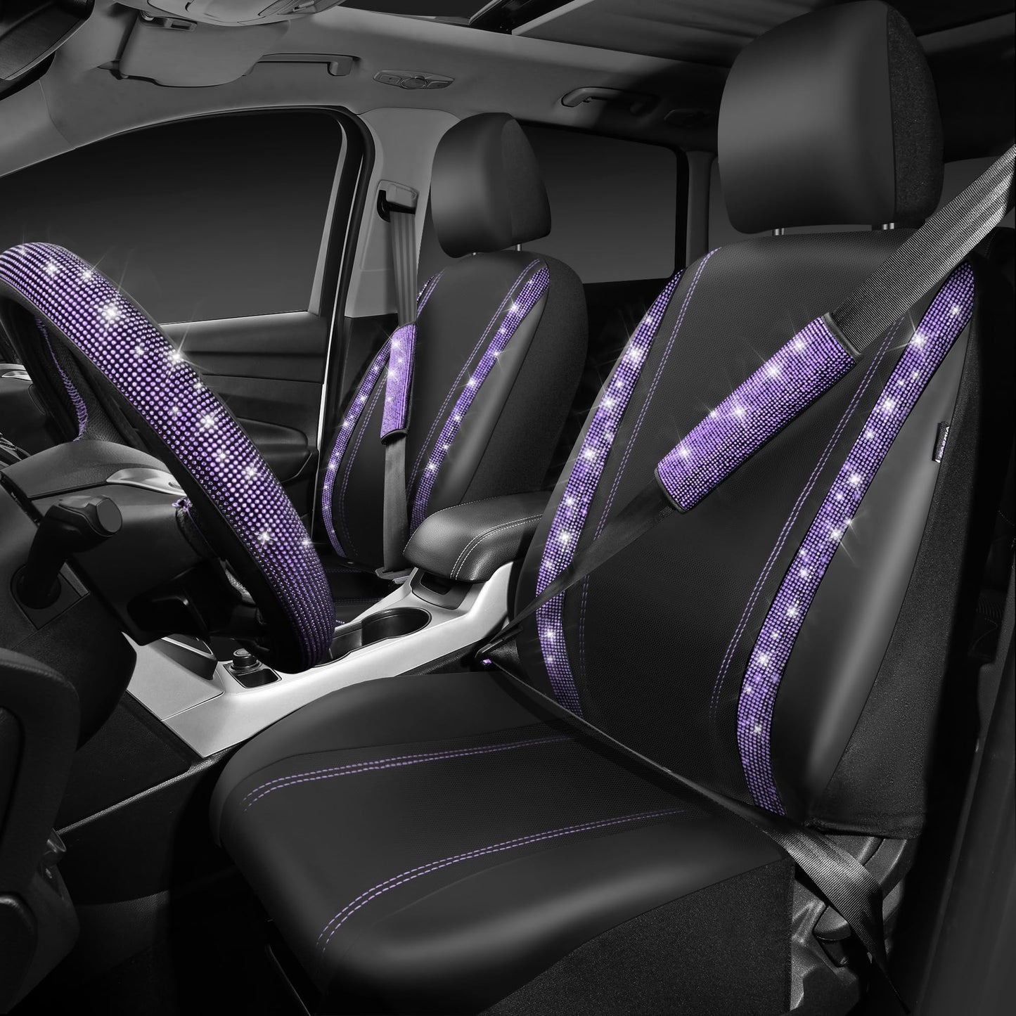 CAR PASS 7 PCS Bling Car Accessories for Women, Sparkly Rhinestone Diamond Steering Wheel Cover, Bling Seat Belt Cushion, Glitter Shift Knob Cover, Car Cup Holder Coaster, Cute Interior Sets Silver