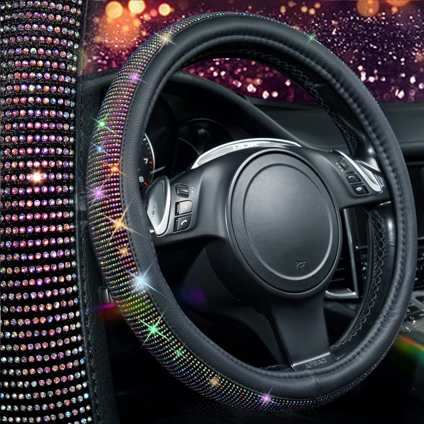 CAR PASS Bling Diamond Leather Steering Wheel Cover, With Sparkly Crystal Glitter Rhinestones Universal Fit 14"1/2-15" Car Wheel Protector for Women Girl Fit Suvs,Vans,Sedans,Car,Trucks, Black Diamond