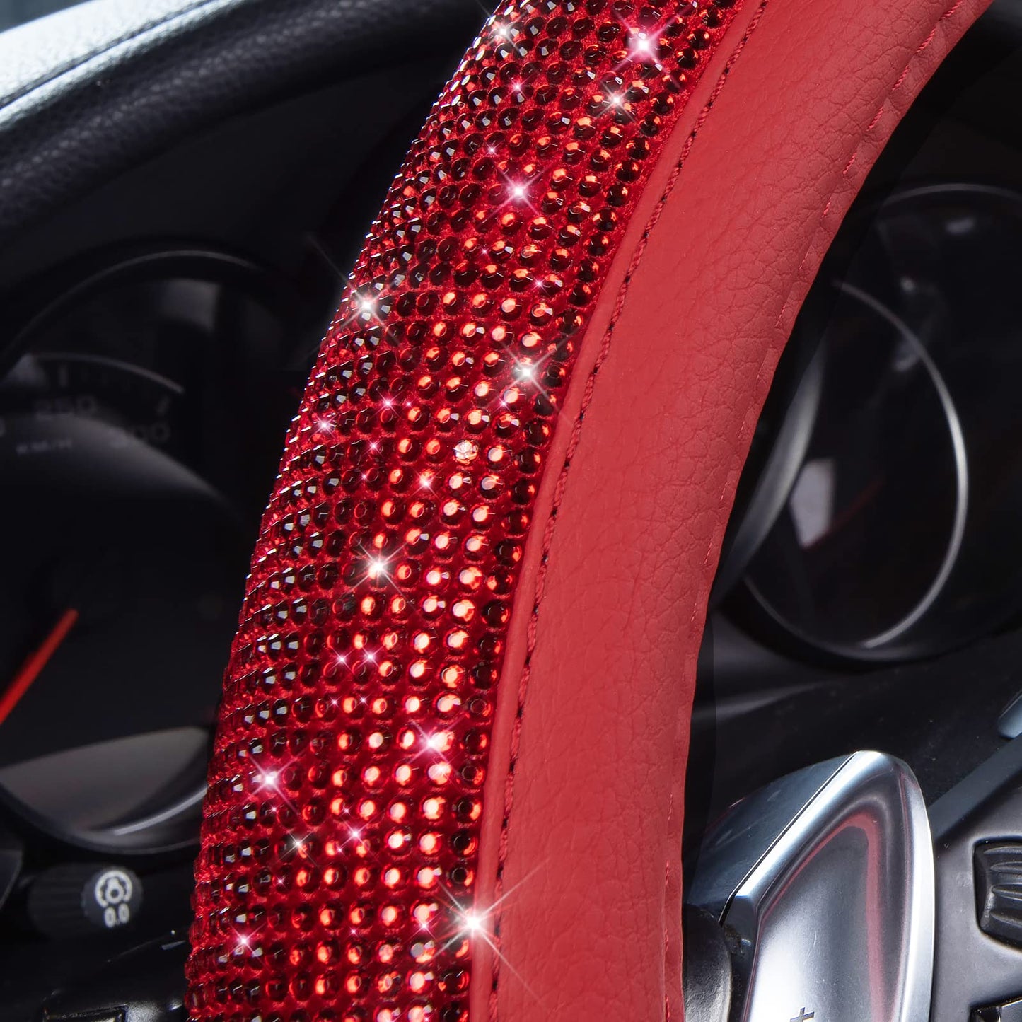 CAR PASS Bling Diamond Leather Steering Wheel Cover, With Sparkly Crystal Glitter Rhinestones Universal Fit 14"1/2-15" Car Wheel Protector for Women Girl Fit Suvs,Vans,Sedans,Car,Trucks, Black Diamond