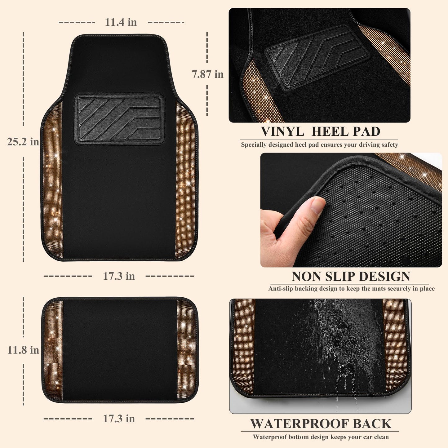 CAR PASS Bling Diamond Car Floor Mats, Shining Rhinestone Carpet Sparkly Glitter Crystal with Anti-Slip PVC Heel Pad Waterproof Universal Fit Automotive SUV,Sedan,Van,Cute Girl Women,4pcs Black Sliver