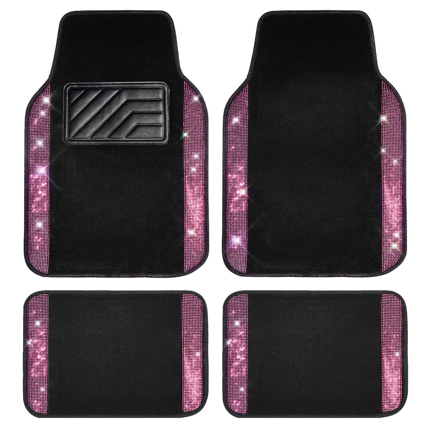 CAR PASS Bling Diamond Car Floor Mats, Shining Rhinestone Carpet Sparkly Glitter Crystal with Anti-Slip PVC Heel Pad Waterproof Universal Fit Automotive SUV,Sedan,Van,Cute Girl Women,4pcs Black Sliver