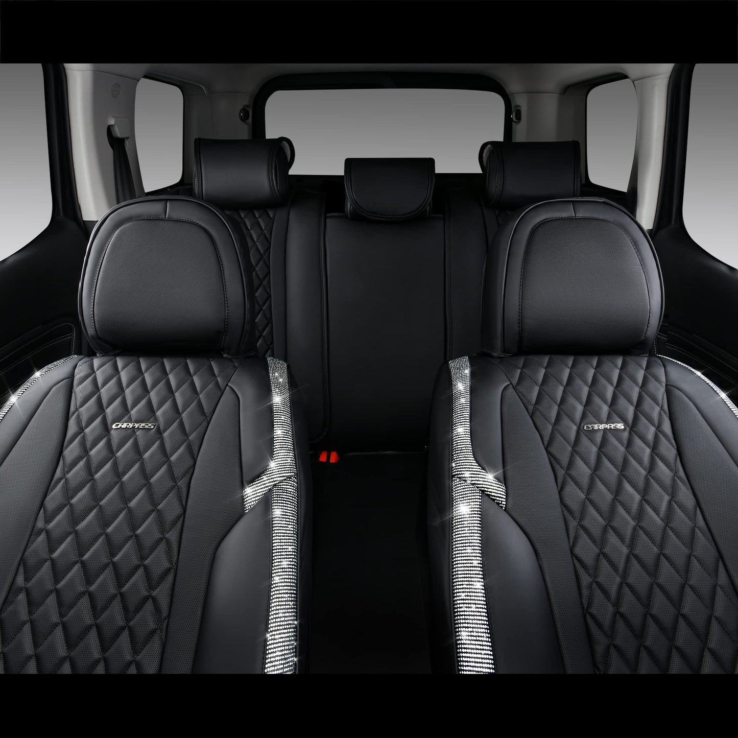 CAR Pass Bling Car Seat Covers, Microfiber Nappa Leather Luxury Cushioned, Waterproof Heavy-Duty Anti-Slip Universal Fit for Auto SUV Sedan,Sparkly Glitter Shining Rhinestone Full Set, Black Diamond
