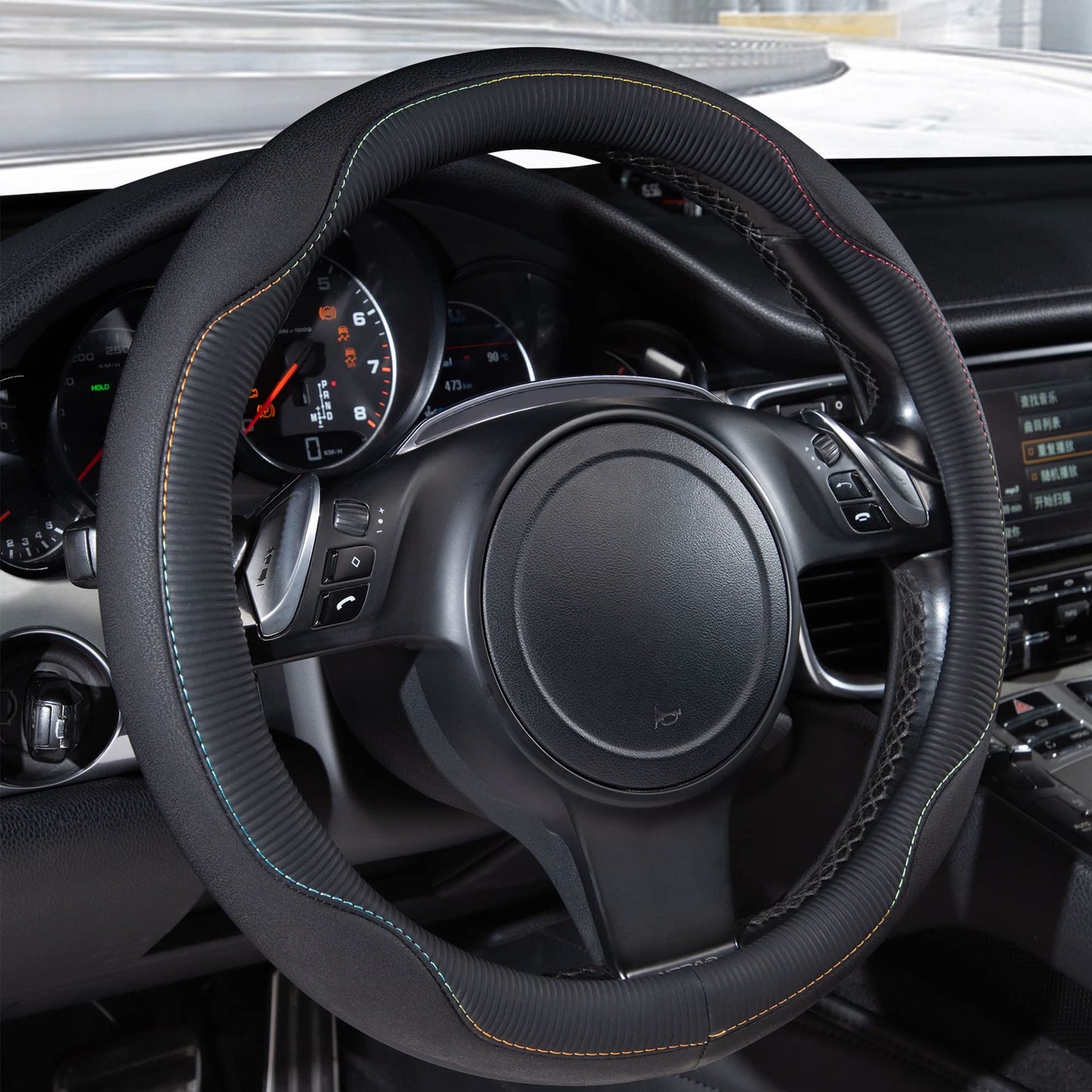 Car Pass Colour Piping Leather Universal Fit Steering Wheel Cover,Perfectly fit for 14.5-15 inches for Various Vehicles SUVs,Vans,Sedans,Cars (Black & Mint)