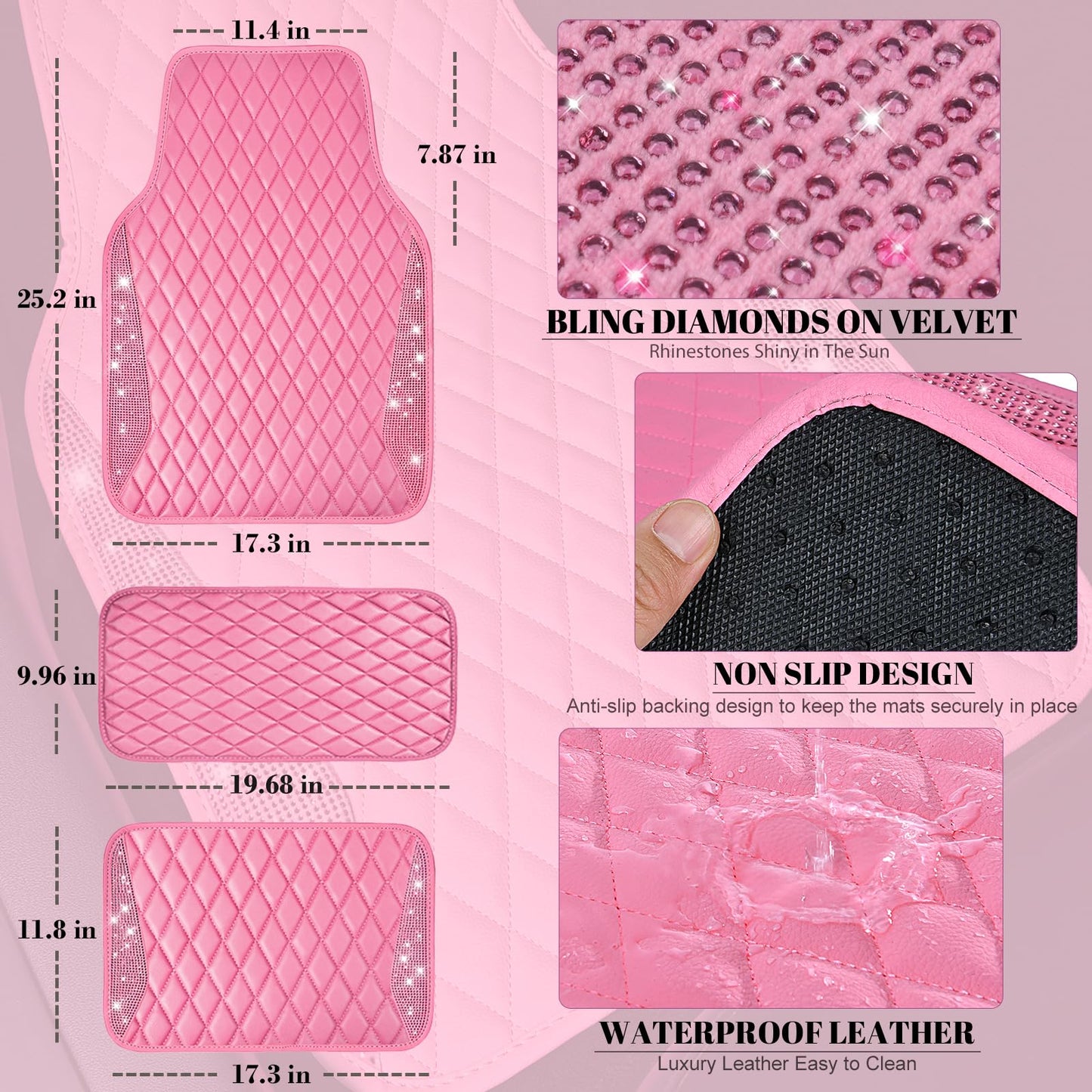 CAR PASS Bling Leather Car Mats Shining Diamond Floor Mats Sparkly Glitter Crystal Rhinestones Carpet Anti-Slip Waterproof Pad Universal Fit for Automotive SUV, Sedan, Van, 5pcs for Girl Women Black