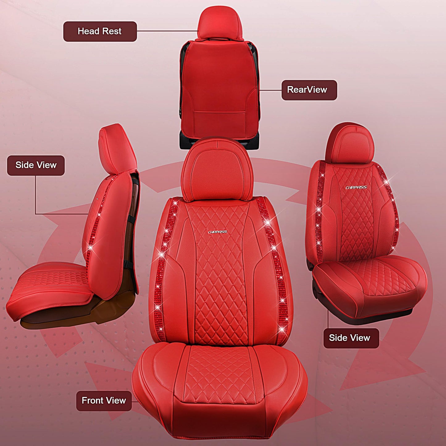 CAR Pass Bling Car Seat Covers, Microfiber Nappa Leather Luxury Cushioned, Waterproof Heavy-Duty Anti-Slip Universal Fit for Auto SUV Sedan,Sparkly Glitter Shining Rhinestone Full Set, Black Diamond