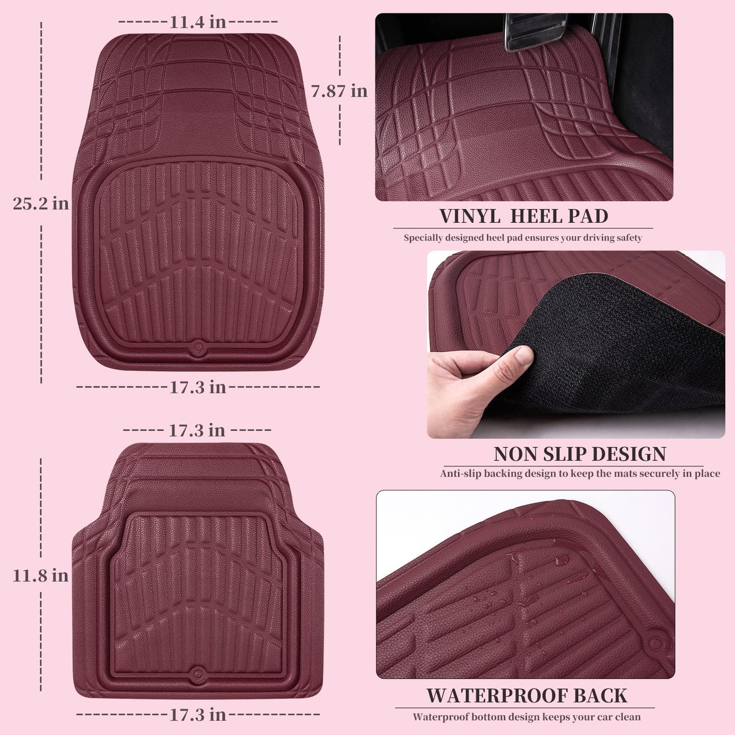 CAR PASS 4 Piece Leather Car Floor Mats -3D Cute Girly Waterproof All Weather Car Mat Full Set, Universal Trim to Fit & Anti-Slip Burr Bottom & Light Easy Clean for SUV Truck Auto Sedan Van(Pink)