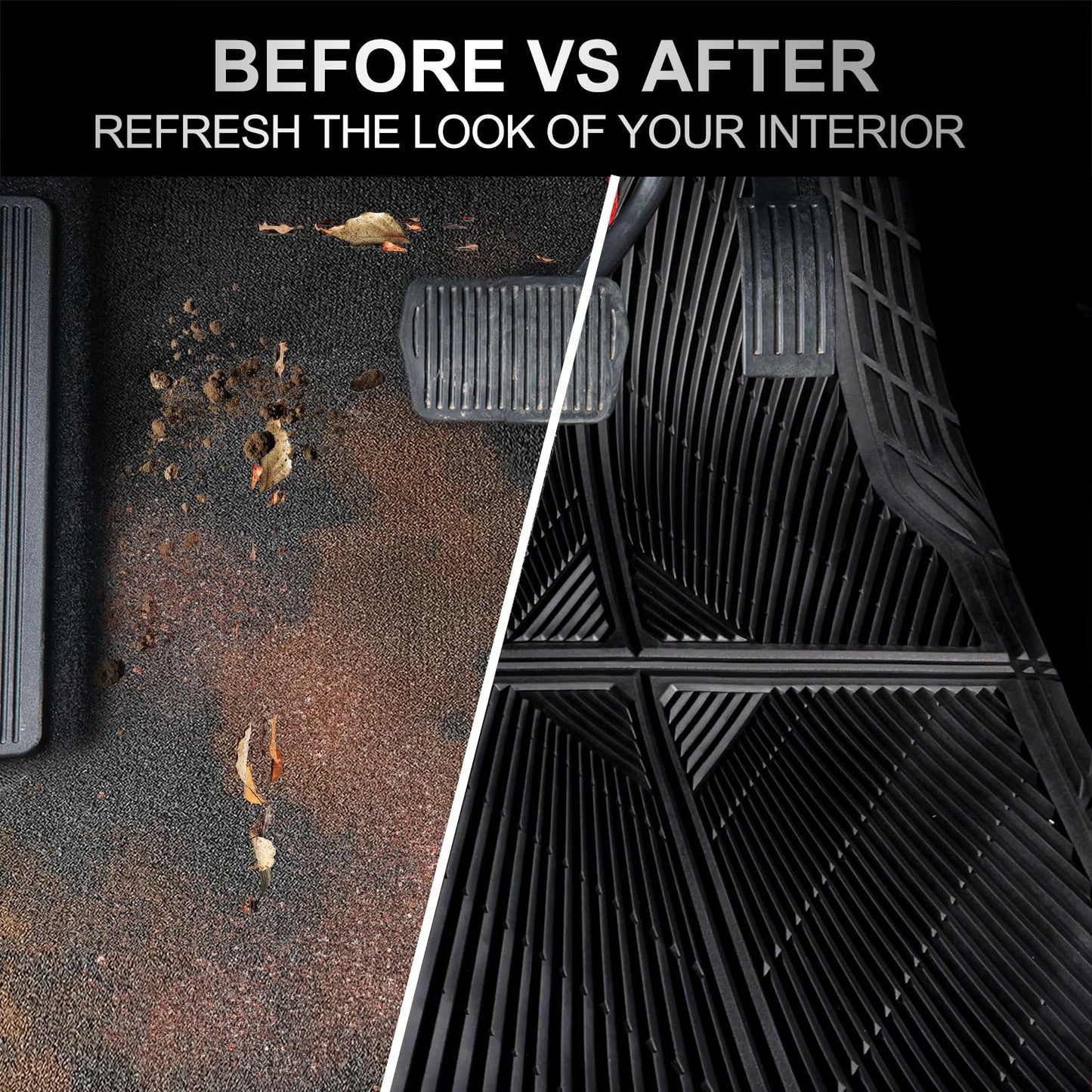 CAR PASS Rubber Car Mats,Car Floor Mats All Weather, Waterproof Trim-to Fit Automotive Floor Mats for Cars Trucks SUV,Anti-Slip Easy Clean, Heavy Duty Car Mats Full Set 3-Piece,All Black