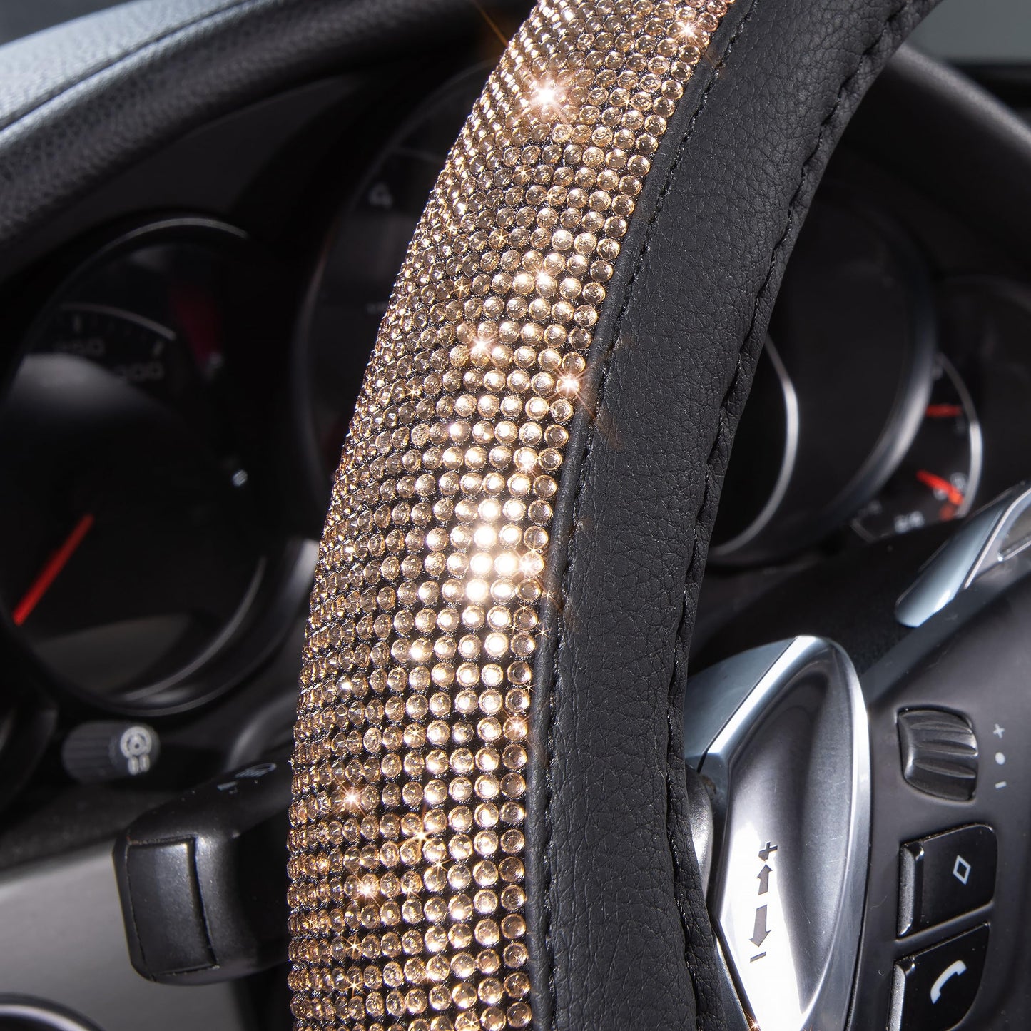 CAR PASS Bling Diamond Leather Steering Wheel Cover, With Sparkly Crystal Glitter Rhinestones Universal Fit 14"1/2-15" Car Wheel Protector for Women Girl Fit Suvs,Vans,Sedans,Car,Trucks, Black Diamond
