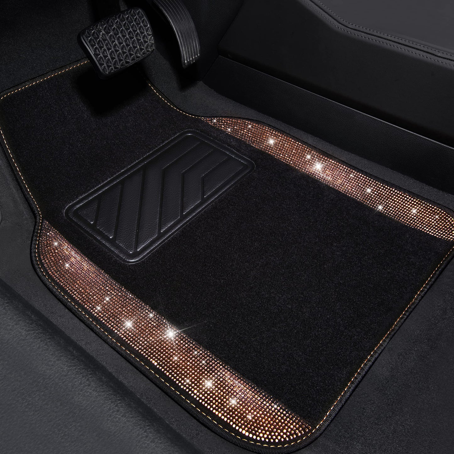 CAR PASS Bling Diamond Car Floor Mats, Shining Rhinestone Carpet Sparkly Glitter Crystal with Anti-Slip PVC Heel Pad Waterproof Universal Fit Automotive SUV,Sedan,Van,Cute Girl Women,4pcs Black Sliver