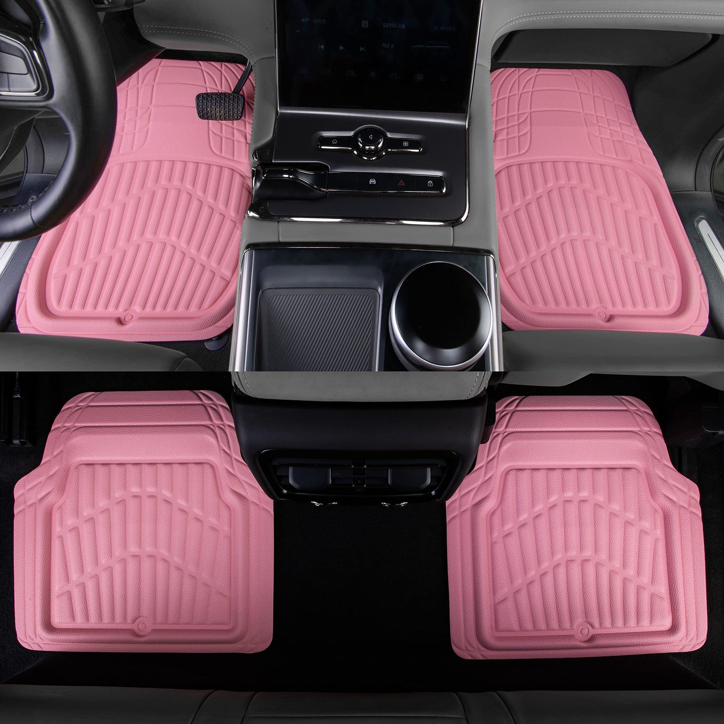 CAR PASS 4 Piece Leather Car Floor Mats -3D Cute Girly Waterproof All Weather Car Mat Full Set, Universal Trim to Fit & Anti-Slip Burr Bottom & Light Easy Clean for SUV Truck Auto Sedan Van(Pink)