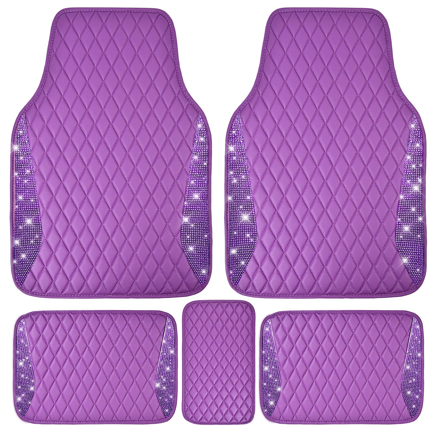 CAR PASS Bling Leather Car Mats Shining Diamond Floor Mats Sparkly Glitter Crystal Rhinestones Carpet Anti-Slip Waterproof Pad Universal Fit for Automotive SUV, Sedan, Van, 5pcs for Girl Women Black