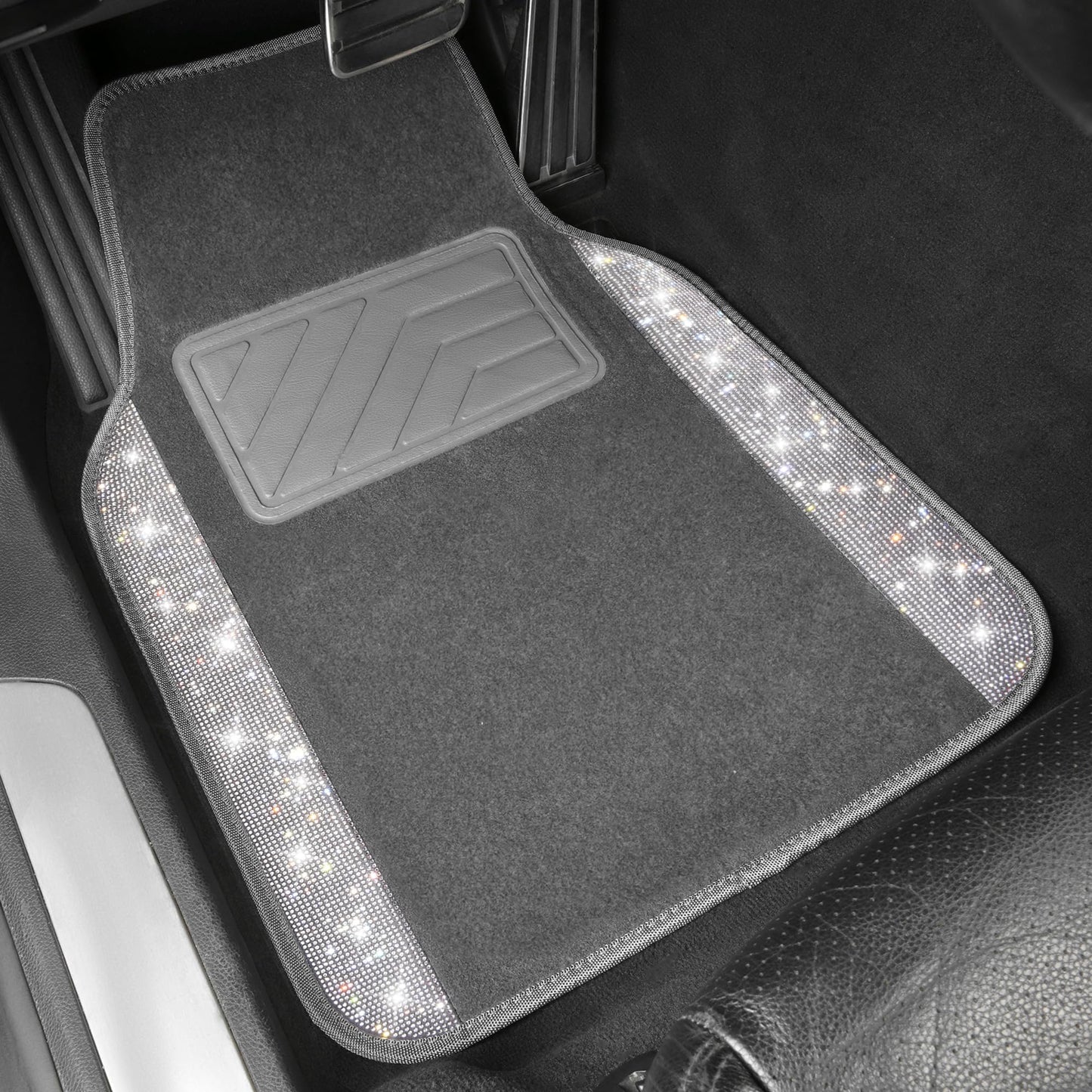 CAR PASS Bling Diamond Car Floor Mats, Shining Rhinestone Carpet Sparkly Glitter Crystal with Anti-Slip PVC Heel Pad Waterproof Universal Fit Automotive SUV,Sedan,Van,Cute Girl Women,4pcs Black Sliver