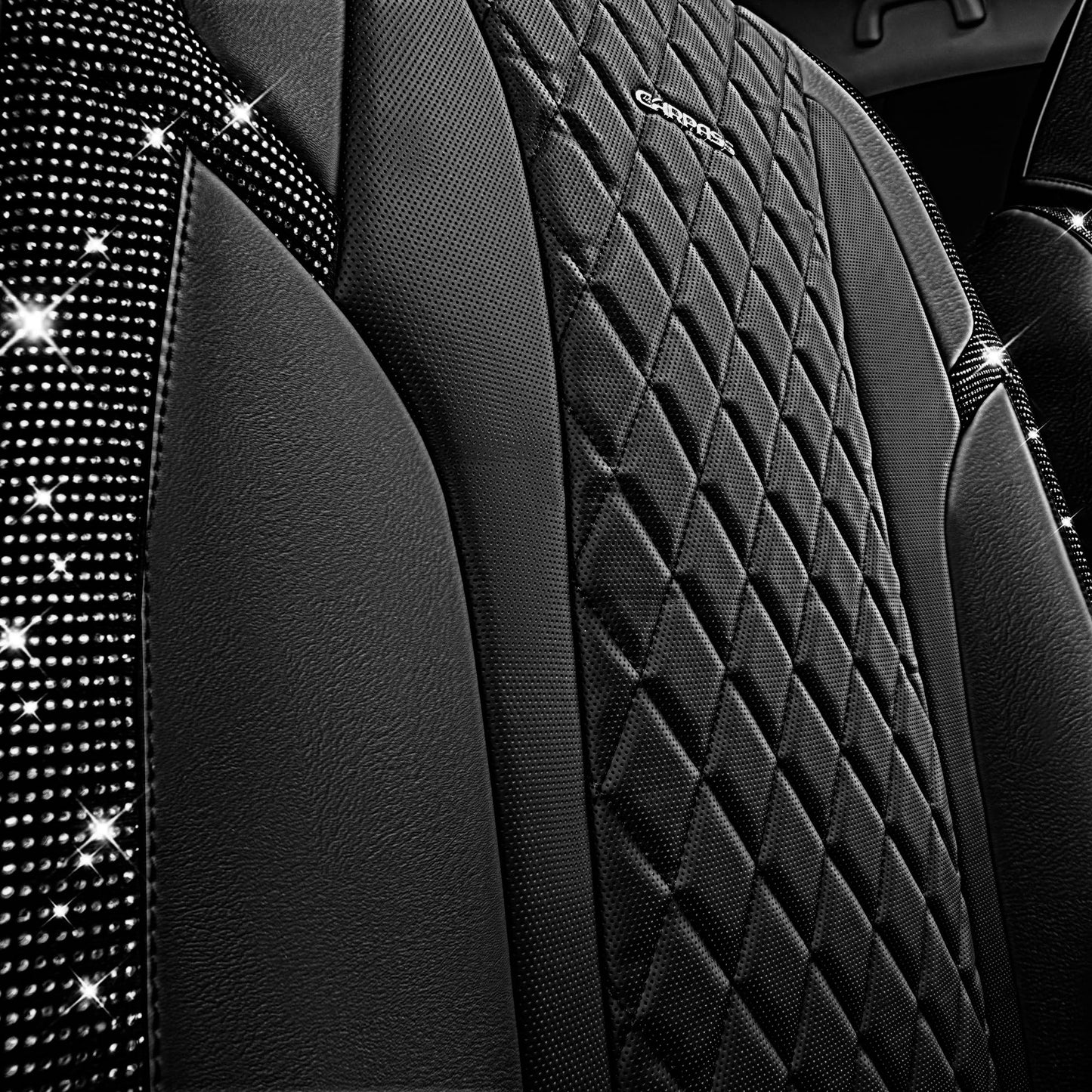 CAR Pass Bling Car Seat Covers, Microfiber Nappa Leather Luxury Cushioned, Waterproof Heavy-Duty Anti-Slip Universal Fit for Auto SUV Sedan,Sparkly Glitter Shining Rhinestone Full Set, Black Diamond