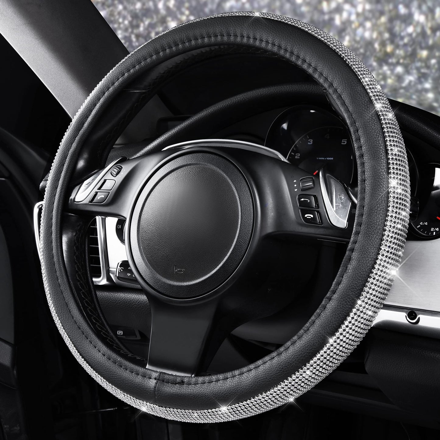CAR PASS Bling Diamond Leather Steering Wheel Cover, With Sparkly Crystal Glitter Rhinestones Universal Fit 14"1/2-15" Car Wheel Protector for Women Girl Fit Suvs,Vans,Sedans,Car,Trucks, Black Diamond