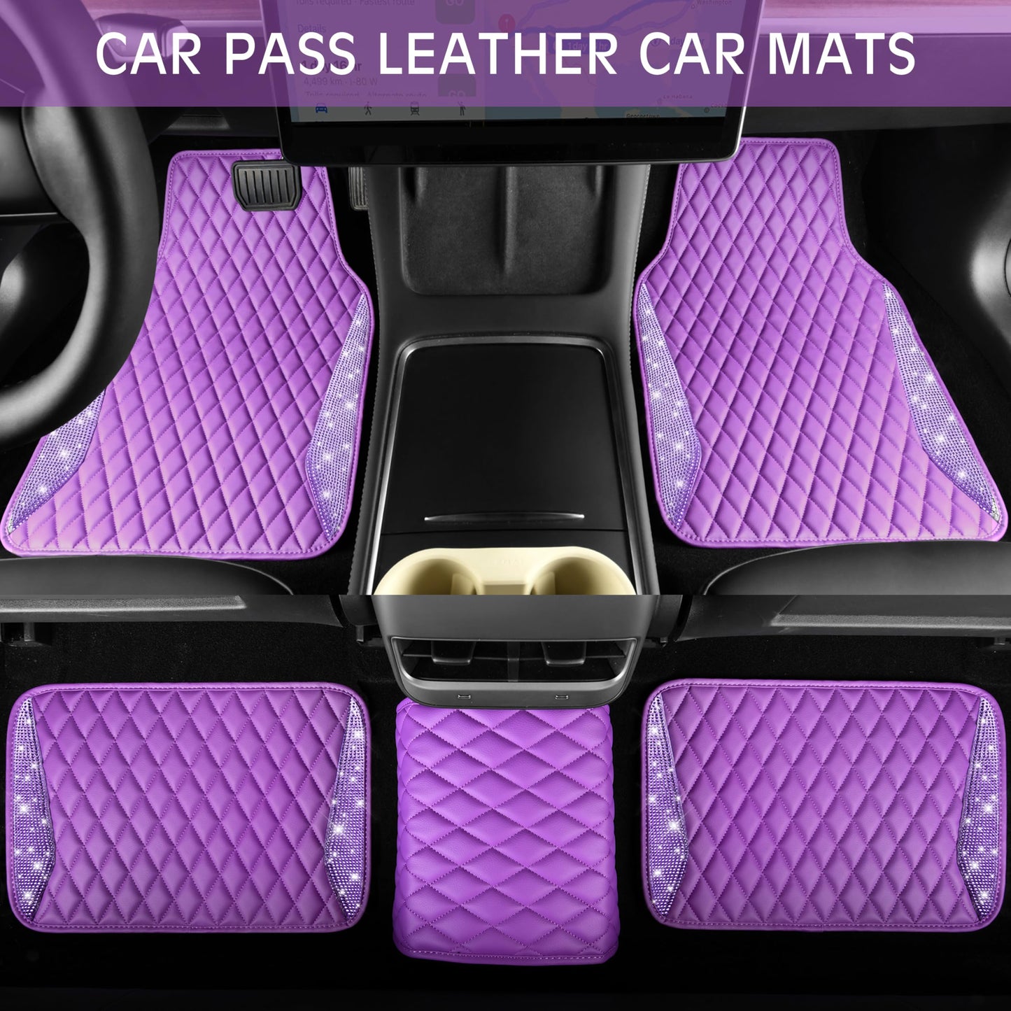 CAR PASS Bling Leather Car Mats Shining Diamond Floor Mats Sparkly Glitter Crystal Rhinestones Carpet Anti-Slip Waterproof Pad Universal Fit for Automotive SUV, Sedan, Van, 5pcs for Girl Women Black