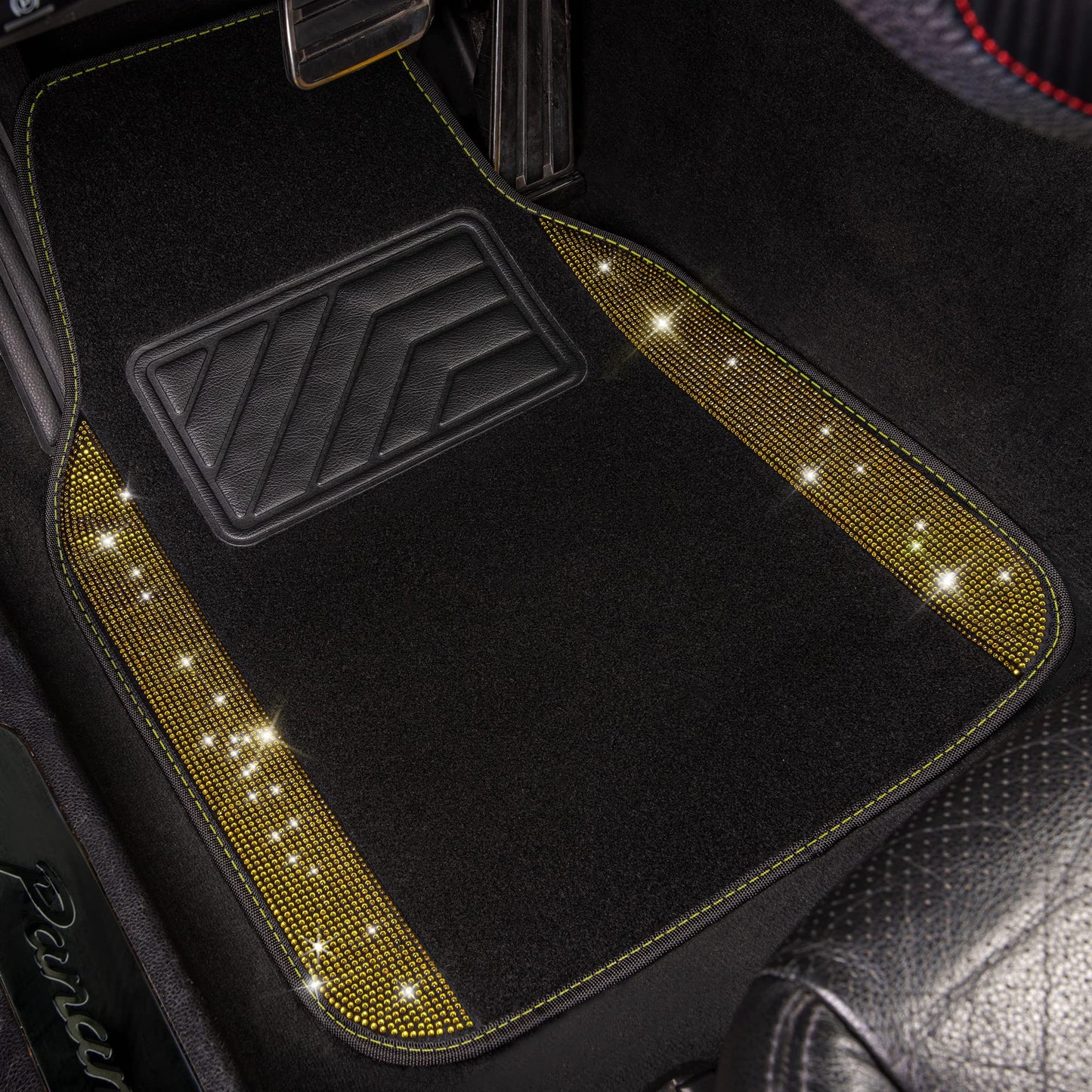 CAR PASS Bling Diamond Car Floor Mats, Shining Rhinestone Carpet Sparkly Glitter Crystal with Anti-Slip PVC Heel Pad Waterproof Universal Fit Automotive SUV,Sedan,Van,Cute Girl Women,4pcs Black Sliver