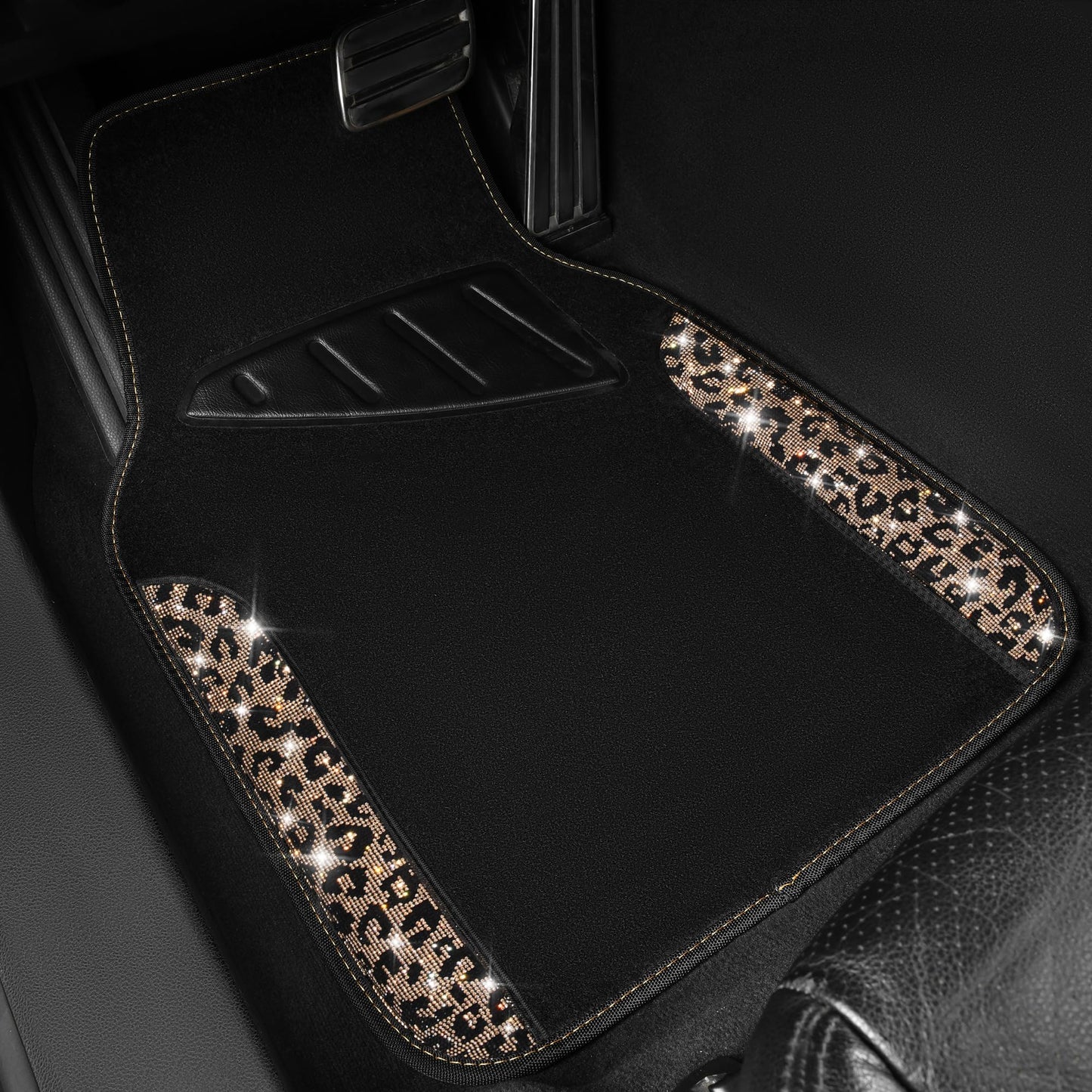CAR PASS Bling Diamond Car Floor Mats, Shining Rhinestone Carpet Sparkly Glitter Crystal with Anti-Slip PVC Heel Pad Waterproof Universal Fit Automotive SUV,Sedan,Van,Cute Girl Women,4pcs Black Sliver