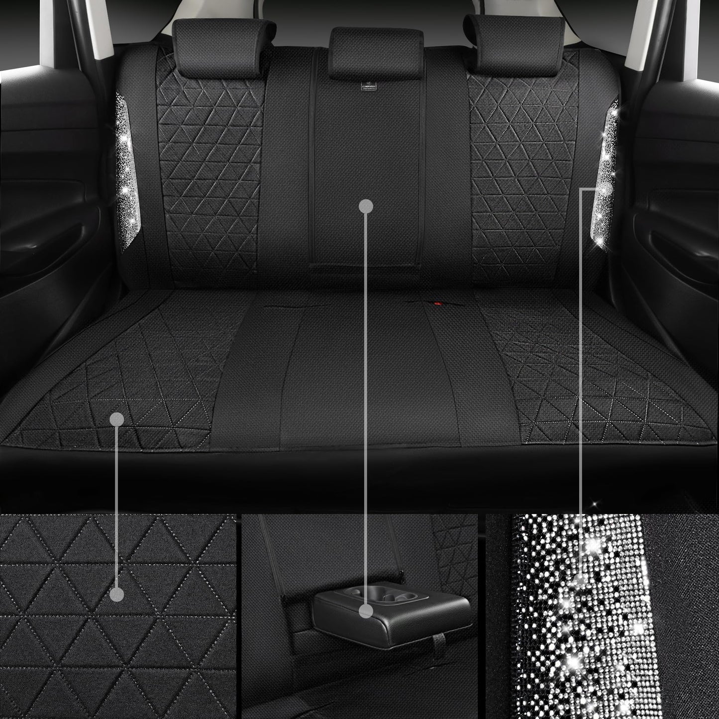 CAR PASS Oxford Bling Diamond Car Seat Covers 2 Front Interior Sets, Waterproof Shining Glitter Sparkly Crystal Universal Armrest Fit 95% Automotive Truck SUV Cute Women Girl, Black Red Rhinestone