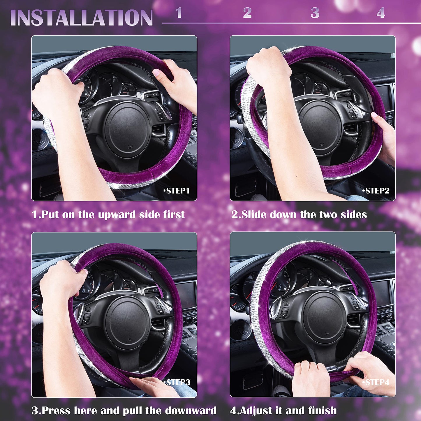 CAR PASS Bling Diamond Leather Steering Wheel Cover, With Sparkly Crystal Glitter Rhinestones Universal Fit 14"1/2-15" Car Wheel Protector for Women Girl Fit Suvs,Vans,Sedans,Car,Trucks, Black Diamond