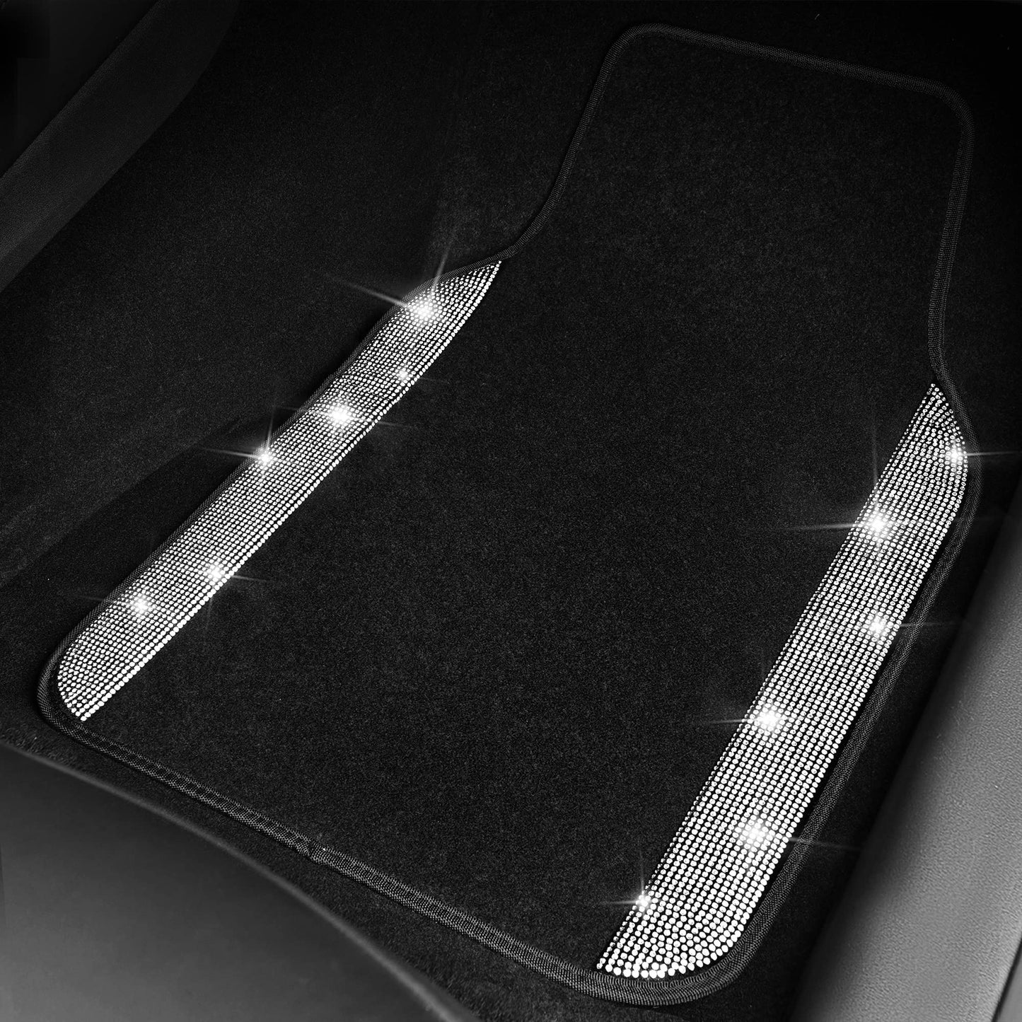 CAR PASS Bling Diamond Car Floor Mats, Shining Rhinestone Carpet Sparkly Glitter Crystal with Anti-Slip PVC Heel Pad Waterproof Universal Fit Automotive SUV,Sedan,Van,Cute Girl Women,4pcs Black Sliver