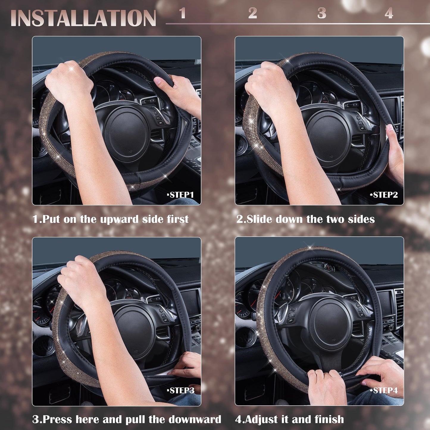 CAR PASS Bling Diamond Leather Steering Wheel Cover, With Sparkly Crystal Glitter Rhinestones Universal Fit 14"1/2-15" Car Wheel Protector for Women Girl Fit Suvs,Vans,Sedans,Car,Trucks, Black Diamond