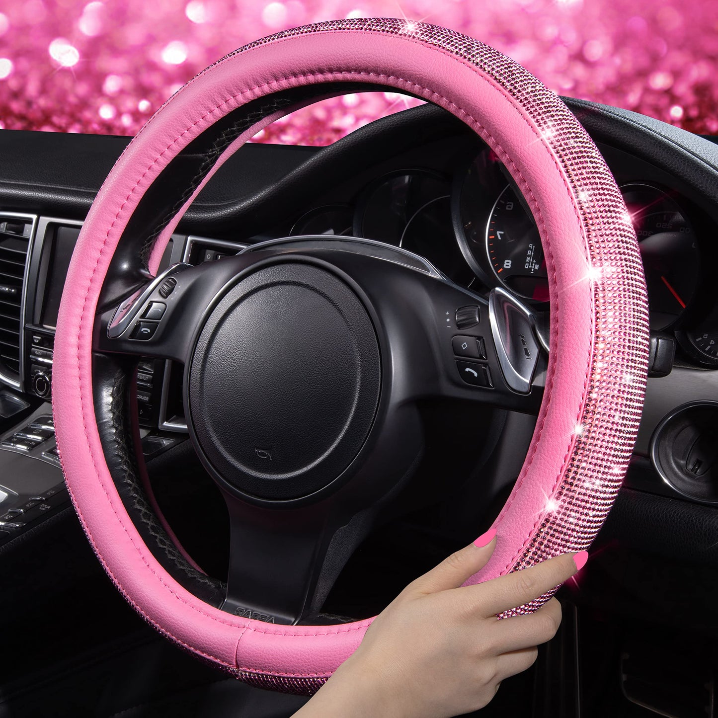 CAR PASS 7 PCS Bling Car Accessories for Women, Sparkly Rhinestone Diamond Steering Wheel Cover, Bling Seat Belt Cushion, Glitter Shift Knob Cover, Car Cup Holder Coaster, Cute Interior Sets Silver