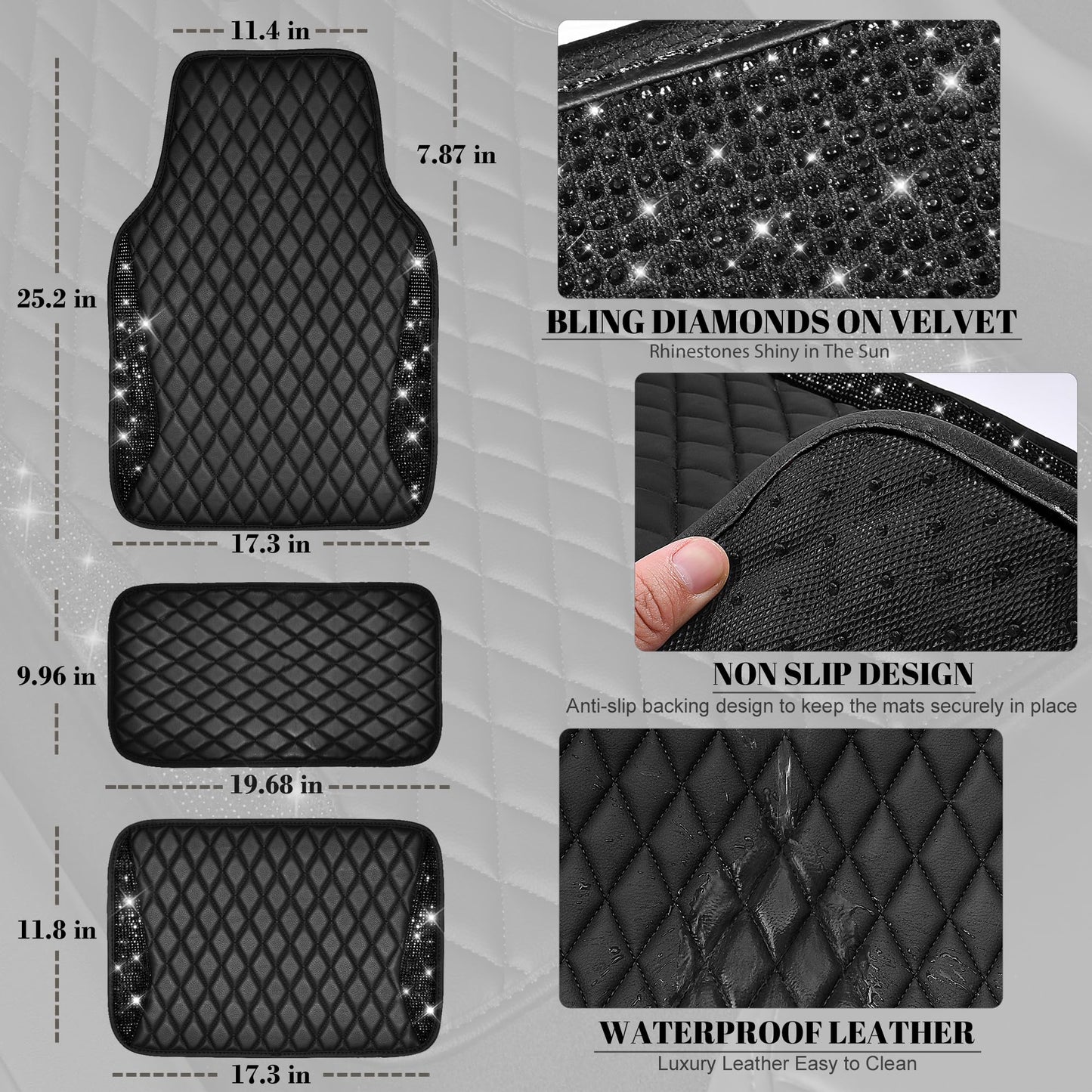 CAR PASS Bling Leather Car Mats Shining Diamond Floor Mats Sparkly Glitter Crystal Rhinestones Carpet Anti-Slip Waterproof Pad Universal Fit for Automotive SUV, Sedan, Van, 5pcs for Girl Women Black