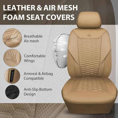 CAR PASS 3D Foam Mesh Leather Car Seat Covers Full Set, Tan Breathable Mesh Faux Leather Seat Covers for Car, Universal Fit for SUV Truck Sedan Automotive, Armrest Airbag Compatible, All Beige