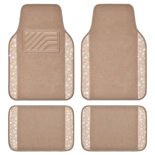 CAR PASS Bling Diamond Car Floor Mats, Shining Rhinestone Carpet Sparkly Glitter Crystal with Anti-Slip PVC Heel Pad Waterproof Universal Fit Automotive SUV,Sedan,Van,Cute Girl Women,4pcs Black Sliver