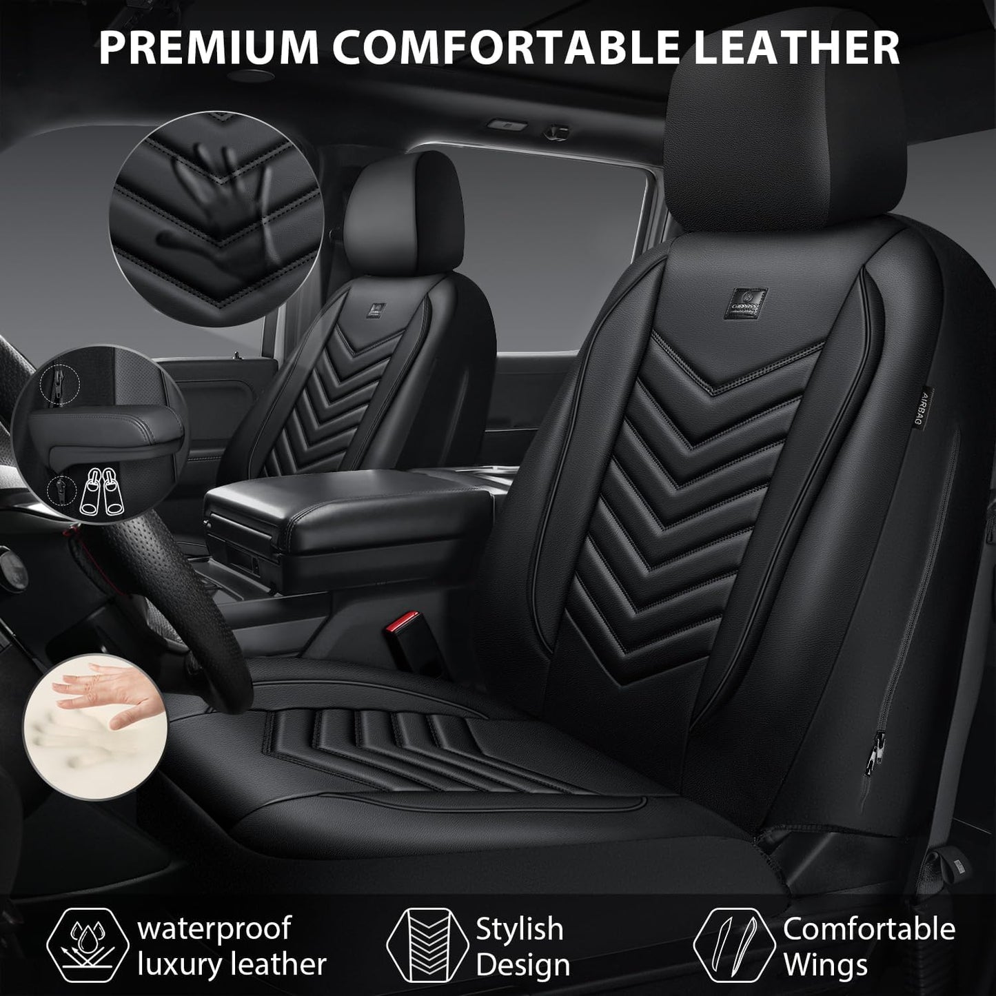 CAR PASS 3D Foam Faux Leather Car Seat Covers Front Seats,Waterproof PU Leather Front Seat Cover for Cars,Luxury Universal Fit Anti-Slip for SUV Truck Sedan Automotive,Armrest Airbag Compatible,Black