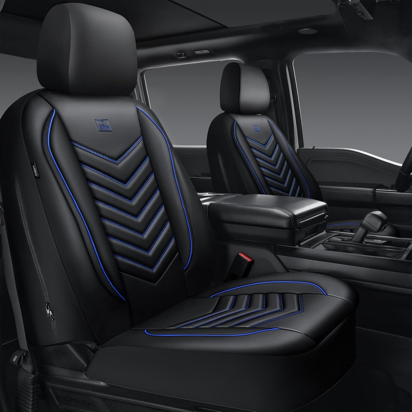 CAR PASS 3D Foam PU Leather Car Seat Covers Front Seats,Waterproof Faux Leather Front Seat Cover for Car,Universal Fit Anti-Slip for SUV Truck Sedan Automotive,Armrest Airbag Compatible,Black and Blue