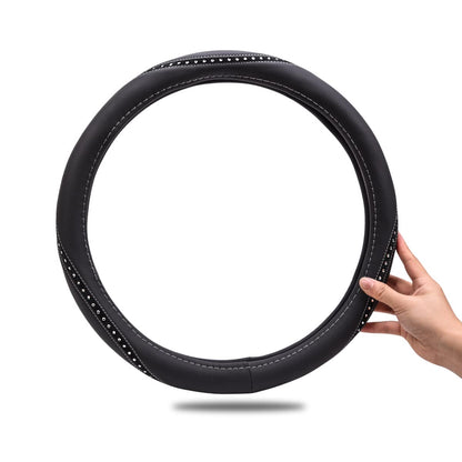 CAR PASS Bling Diamond Black Leather Steering Wheel Cover, Studded Crystal Rhinestones Universal Fit 14" 1/2-15" Glitter for Women Sparkle Girl Fit Suvs,Vans,Sedans,Car,Trucks, Silver Diamond