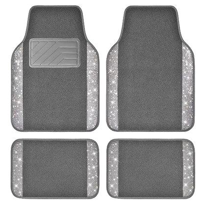 CAR PASS Bling Diamond Car Floor Mats, Shining Rhinestone Carpet Sparkly Glitter Crystal with Anti-Slip PVC Heel Pad Waterproof Universal Fit Automotive SUV,Sedan,Van,Cute Girl Women,4pcs Black Sliver