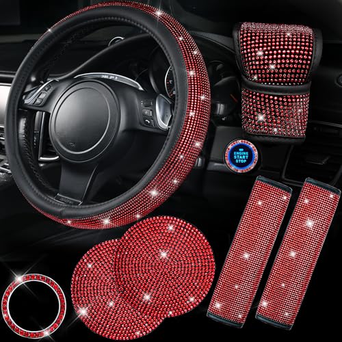 CAR PASS 7 PCS Bling Car Accessories for Women, Sparkly Rhinestone Diamond Steering Wheel Cover, Bling Seat Belt Cushion, Glitter Shift Knob Cover, Car Cup Holder Coaster, Cute Interior Sets Silver