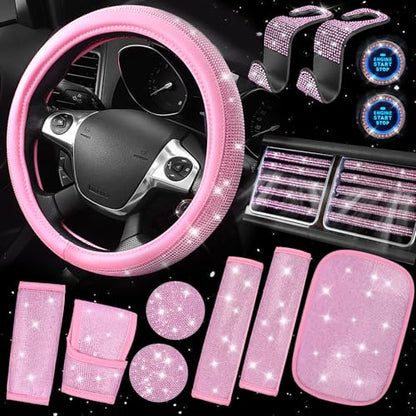 CAR PASS 7 PCS Bling Car Accessories for Women, Sparkly Rhinestone Diamond Steering Wheel Cover, Bling Seat Belt Cushion, Glitter Shift Knob Cover, Car Cup Holder Coaster, Cute Interior Sets Silver