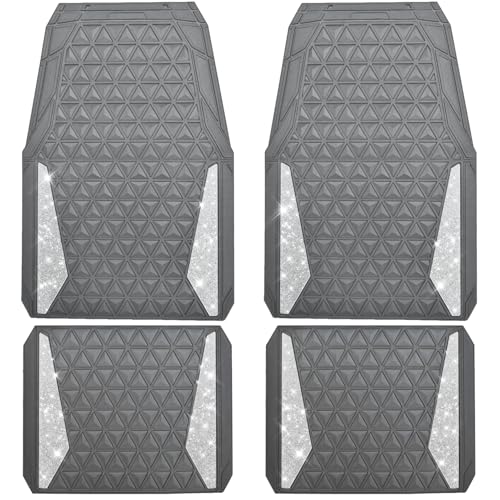 CAR PASS Bling Car Mats Diamond Rubber Floor Mats Full Set Anti-Slip 3D Rhombus Waterproof Trim to Fit Liner Universal Glitter Crystal Sparkly Shining Rhinestone Girl Women SUV Sedan Van, Black Silver