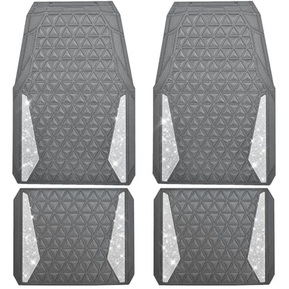 CAR PASS Bling Car Mats Diamond Rubber Floor Mats Full Set Anti-Slip 3D Rhombus Waterproof Trim to Fit Liner Universal Glitter Crystal Sparkly Shining Rhinestone Girl Women SUV Sedan Van, Black Silver