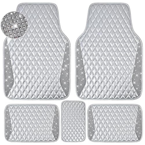 CAR PASS Bling Leather Car Mats Shining Diamond Floor Mats Sparkly Glitter Crystal Rhinestones Carpet Anti-Slip Waterproof Pad Universal Fit for Automotive SUV, Sedan, Van, 5pcs for Girl Women Black