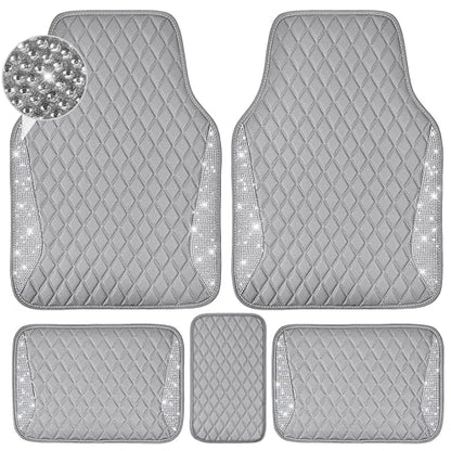 CAR PASS Bling Leather Car Mats Shining Diamond Floor Mats Sparkly Glitter Crystal Rhinestones Carpet Anti-Slip Waterproof Pad Universal Fit for Automotive SUV, Sedan, Van, 5pcs for Girl Women Black