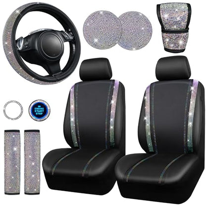 CAR PASS 7 PCS Bling Car Accessories for Women, Sparkly Rhinestone Diamond Steering Wheel Cover, Bling Seat Belt Cushion, Glitter Shift Knob Cover, Car Cup Holder Coaster, Cute Interior Sets Silver